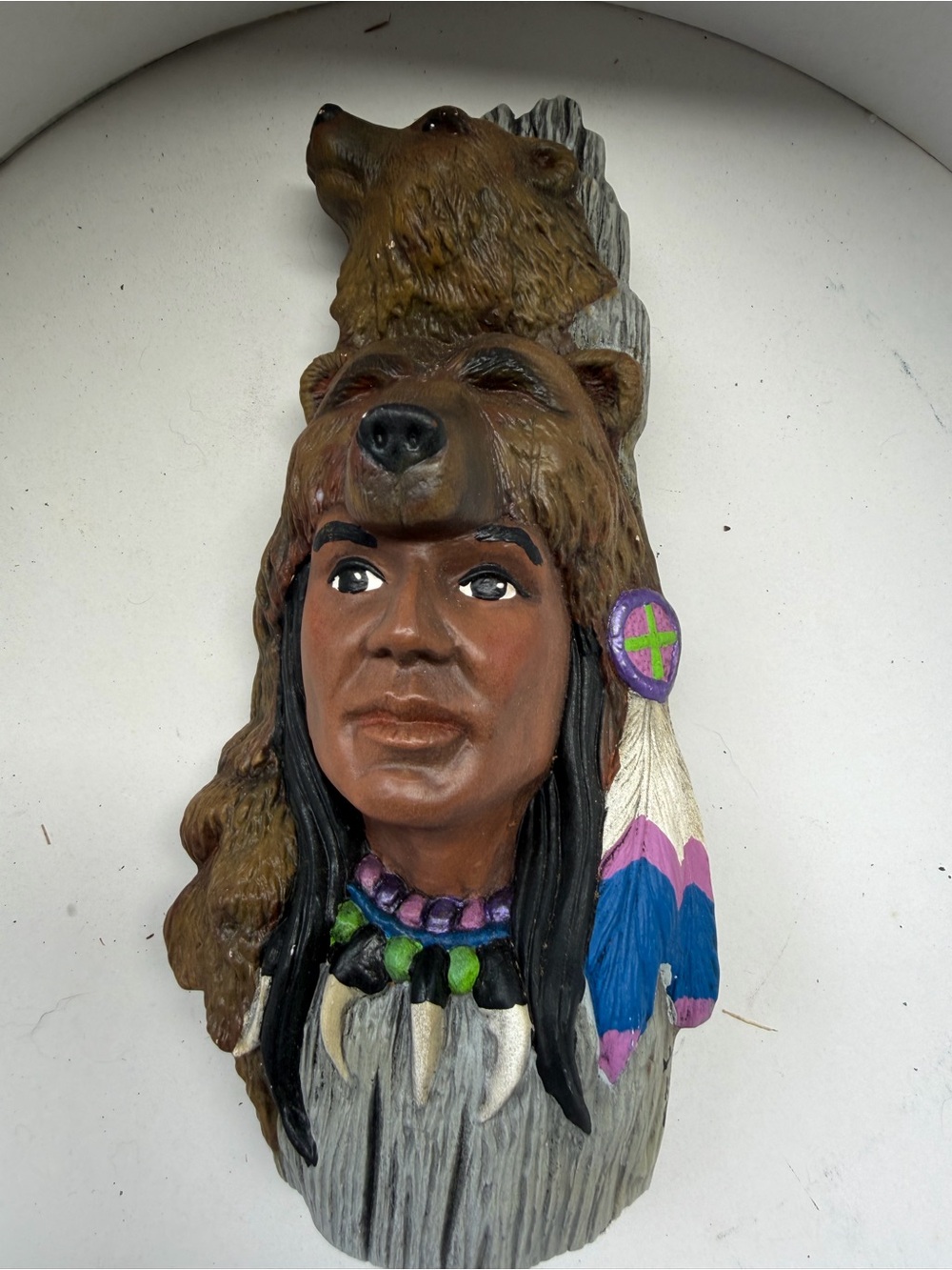 Hand-Painted Brown Bear Headdress Wall Sculpture - Rustic Home Art